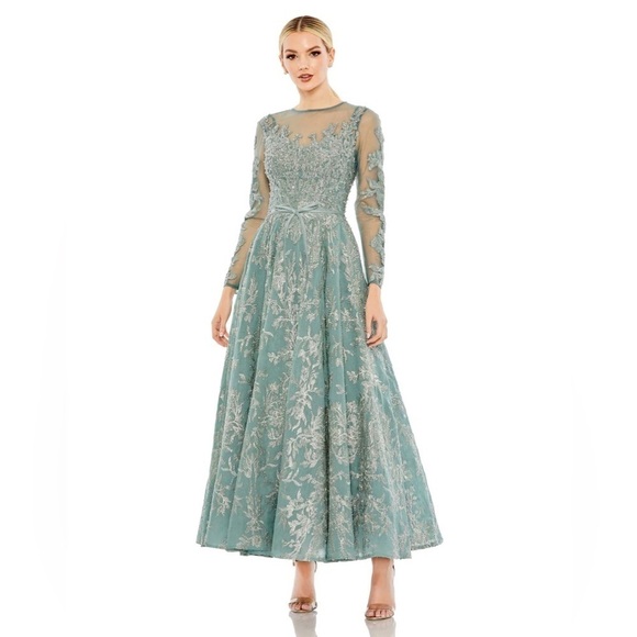 Mac Duggal 20337 NWT EMBELLISHED BOW BELT ILLUSION LONG SLEEVE A LINE DRESS - Picture 1 of 10